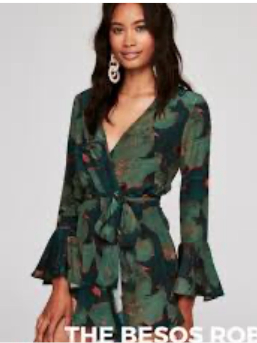 100% silk Stone Cold Fox Teal and Green Floral Satin Robe with Tie Waist - Picture 2 of 4